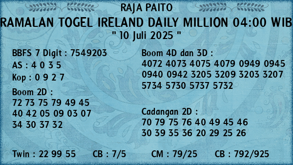 Prediksi Ireland Daily Million 04:00 WIB