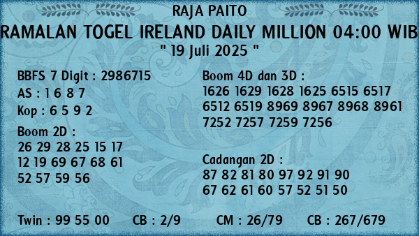 Prediksi Ireland Daily Million 04:00 WIB