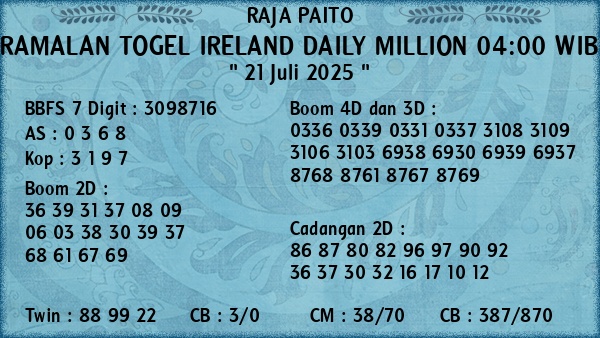 Prediksi Ireland Daily Million 04:00 WIB