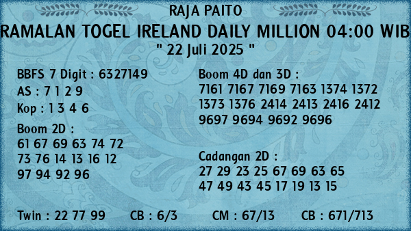 Prediksi Ireland Daily Million 04:00 WIB